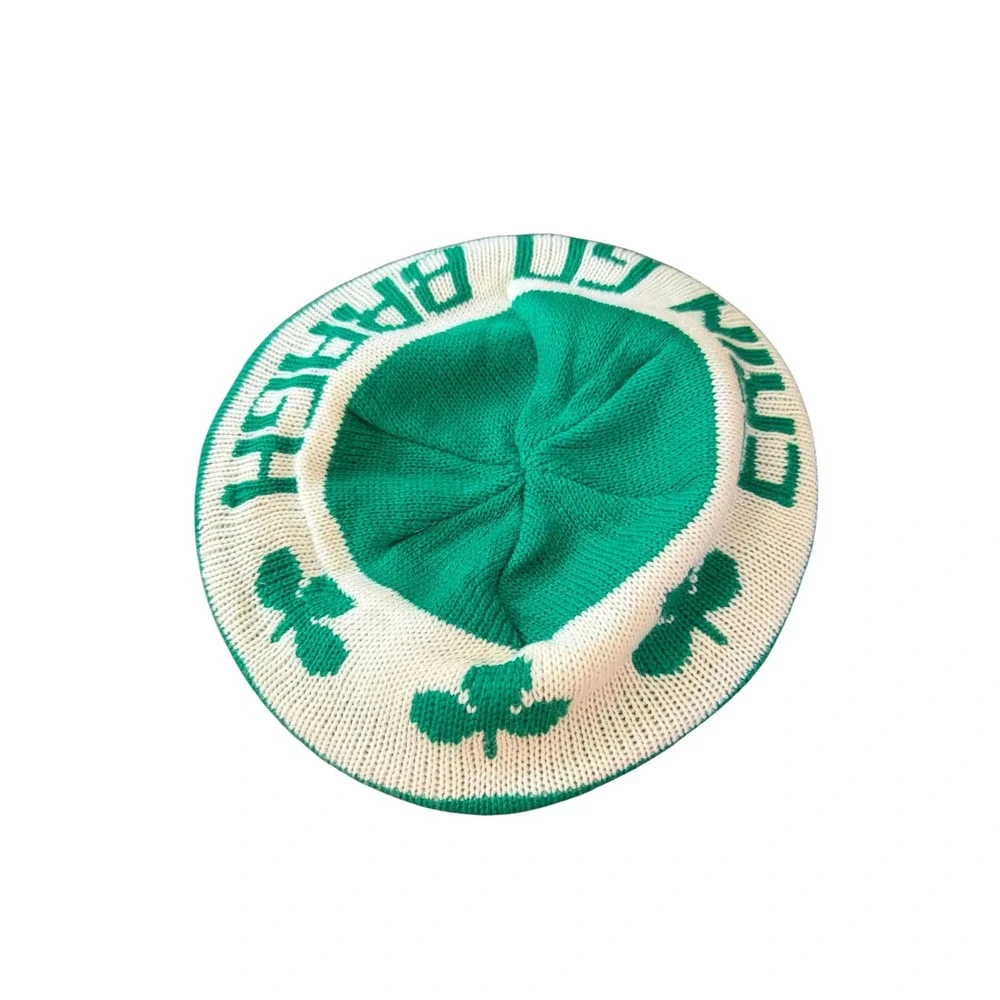 Vtg Erin Go Bragh‎ Knit Beret Hat Green White Shamrock Irish St Patricks Day Hat